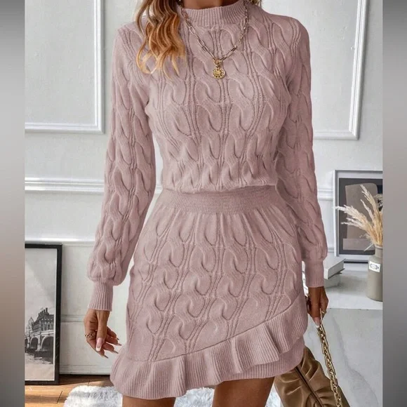 Cozy coffee brown ruffle hem cable knit sweater dress - Picture 16 of 16